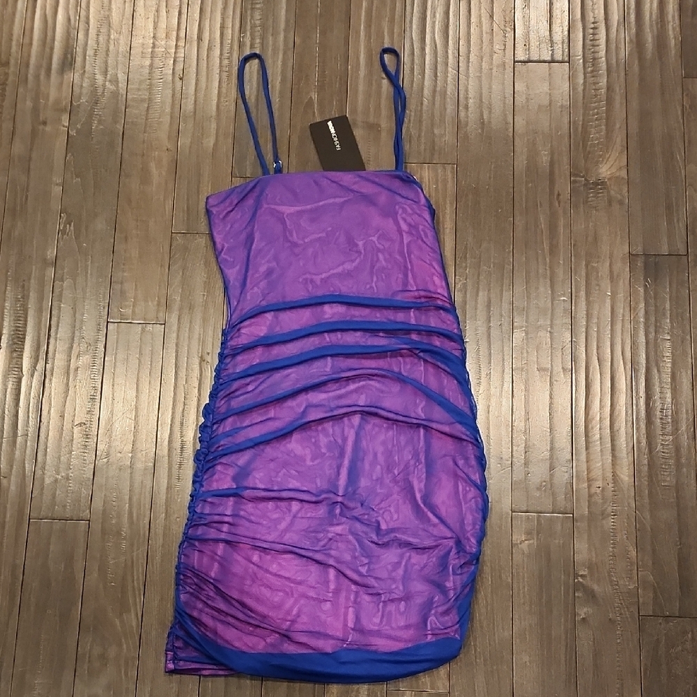 Fashion Nova Pink Lined Purple Sheer Slip Dress with Blue Straps Mesh Mini